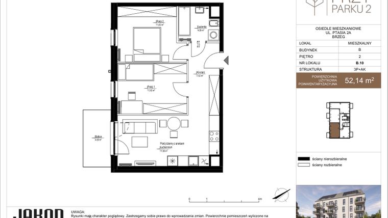 Rzut - Mieszkanie na sprzedaż 3 pokoje o powierzchni 52,14 m² - numer B.10 w Przy Parku 2