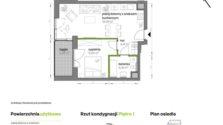 Rzut - Mieszkanie na sprzedaż 2 pokoje o powierzchni 45,59 m² - numer AA0105 w Ptasia Vita