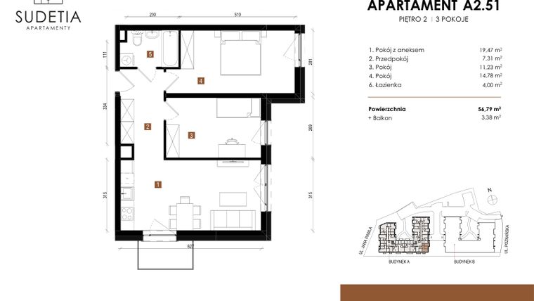 Rzut - Mieszkanie na sprzedaż 3 pokoje o powierzchni 56,79 m² - numer A 2.51 w Apartamenty Sudetia