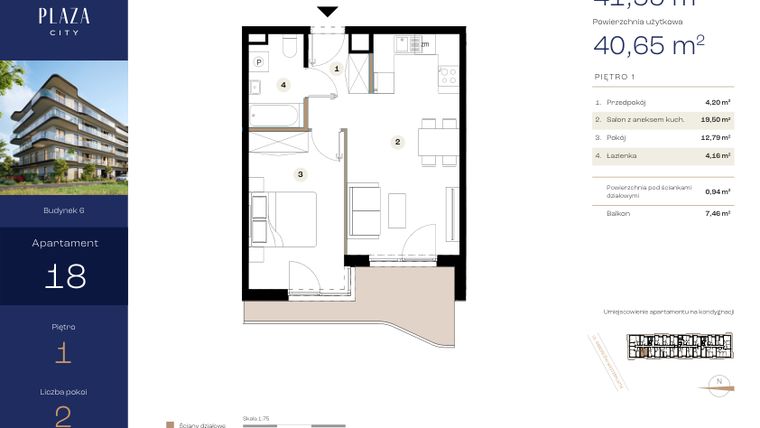 Rzut - Mieszkanie na sprzedaż 2 pokoje o powierzchni 41,59 m² - numer B6M18 w Plaza City