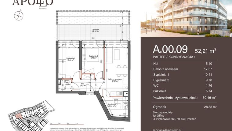 Rzut - Mieszkanie na sprzedaż 2 pokoje o powierzchni 50,46 m² - numer A.0.09 w Apollo Residence