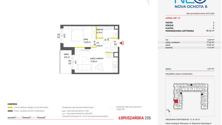 Rzut - Mieszkanie na sprzedaż 2 pokoje o powierzchni 38,33 m² - numer 35 w Neo Nova Ochota 6