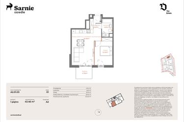 Rzut - Mieszkanie na sprzedaż 2 pokoje o powierzchni 43,46 m² - numer A2-01.03 w Sarnie Osiedle