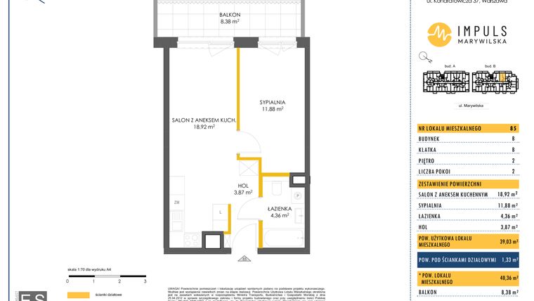 Rzut - Mieszkanie na sprzedaż 2 pokoje o powierzchni 39,03 m² - numer B/85 w Impuls Marywilska