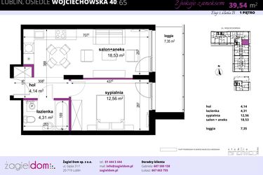Rzut - Mieszkanie na sprzedaż 2 pokoje o powierzchni 39,54 m² - numer 65 w Wojciechowska Square