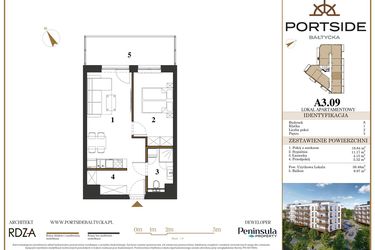 Rzut - Mieszkanie na sprzedaż 2 pokoje o powierzchni 39,48 m² - numer A3.09 w Portside Bałtycka
