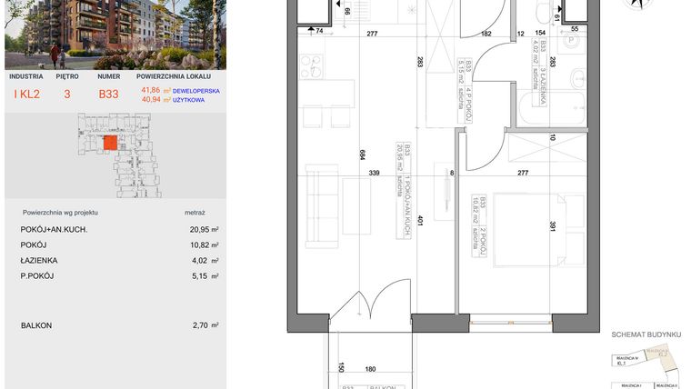 Rzut - Mieszkanie na sprzedaż 2 pokoje o powierzchni 40,94 m² - numer I-B33 w Industria etap I-B