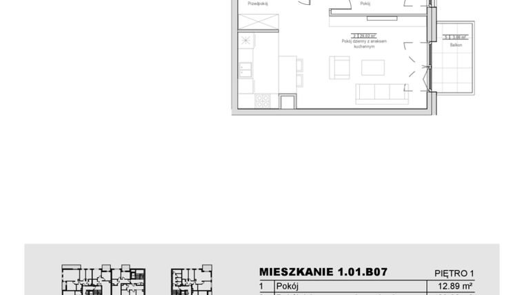 Rzut - Mieszkanie na sprzedaż 2 pokoje o powierzchni 52,58 m² - numer 1.01.B07 w Ogrody Andersa III