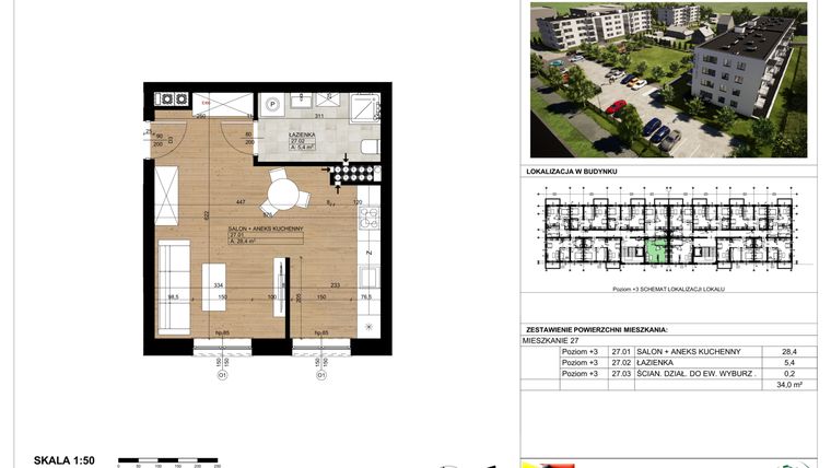Rzut - Mieszkanie na sprzedaż 1 pokój o powierzchni 34,73 m² - numer 27 w Osiedle Park Chopina II Etap