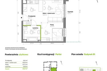Rzut - Mieszkanie na sprzedaż 2 pokoje o powierzchni 39,57 m² - numer B1.00.06 w Południe Vita