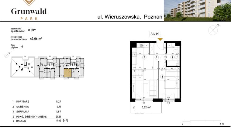 Rzut - Mieszkanie na sprzedaż 2 pokoje o powierzchni 43,06 m² - numer 8 J/19 w Grunwald Park
