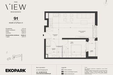 Rzut - Mieszkanie na sprzedaż 2 pokoje o powierzchni 45,68 m² - numer 91 w The View