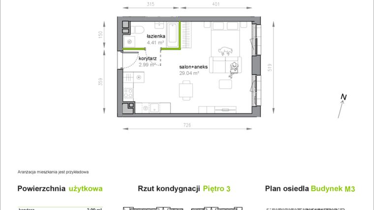 Rzut - Mieszkanie na sprzedaż 1 pokój o powierzchni 36,44 m² - numer M3/3/3/29 w Przy Parku Vita