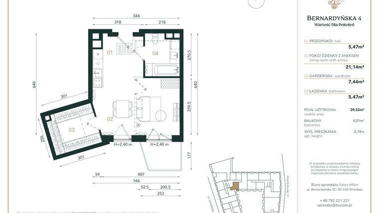 Rzut - Mieszkanie na sprzedaż 1 pokój o powierzchni 39,52 m² - numer A/3/06 w Bernardyńska 4