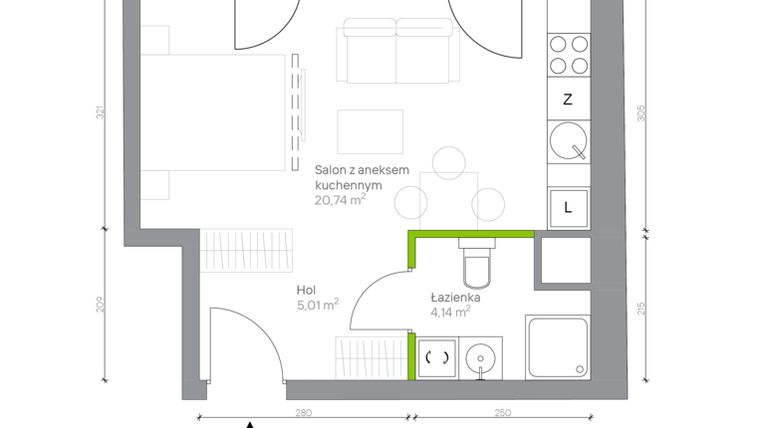 Rzut - Mieszkanie na sprzedaż 1 pokój o powierzchni 29,89 m² - numer B.2.4 w Jesionowa Vita