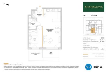 Rzut - Mieszkanie na sprzedaż 2 pokoje o powierzchni 54,71 m² - numer B.0.04 w Ananasowa