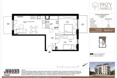 Rzut - Mieszkanie na sprzedaż 3 pokoje o powierzchni 58,08 m² - numer B.8 w Przy Parku 2