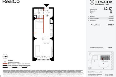 Rzut - Mieszkanie na sprzedaż 1 pokój o powierzchni 37,3 m² - numer EZ.1.2.17 w Elewator - Mieszkania i Lofty