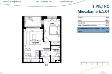 Rzut - Mieszkanie na sprzedaż 2 pokoje o powierzchni 46,13 m² - numer E.1.04 w Wzgórze Poetów 2
