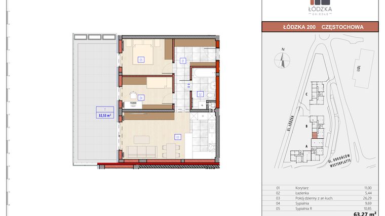 Rzut - Mieszkanie na sprzedaż 3 pokoje o powierzchni 63,43 m² - numer B.M.01 w Łódzka Osiedle