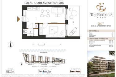 Rzut - Mieszkanie na sprzedaż 2 pokoje o powierzchni 37,51 m² - numer A2107 w The Elements Resort