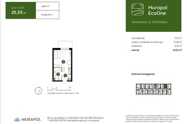 Rzut - Mieszkanie na sprzedaż 1 pokój o powierzchni 25,53 m² - numer 3.A.1.03 w Murapol EcoOne
