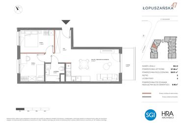 Rzut - Mieszkanie na sprzedaż 3 pokoje o powierzchni 58,88 m² - numer M.2.3 w Łopuszańska 47 - etap 4