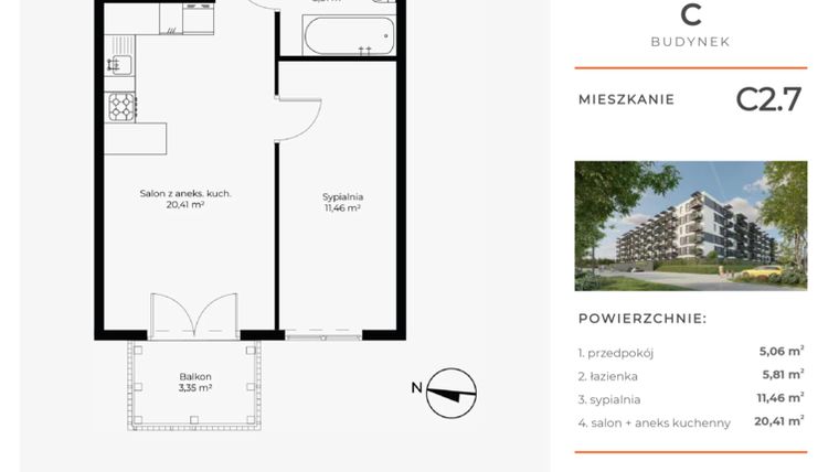 Rzut - Mieszkanie na sprzedaż 2 pokoje o powierzchni 42,74 m² - numer C2.7 w Enklawa Bukowa II