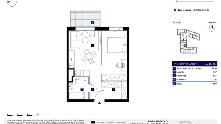 Rzut - Mieszkanie na sprzedaż 1 pokój o powierzchni 39,82 m² - numer 15/134 w Osiedle Neonowe