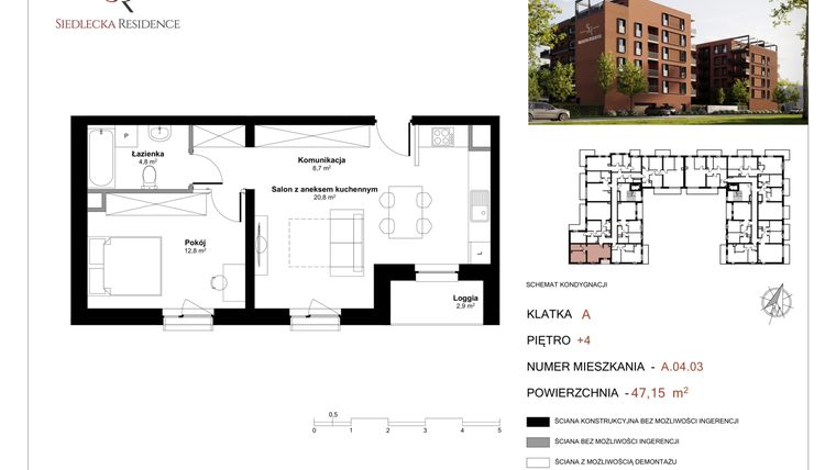 Rzut - Mieszkanie na sprzedaż 2 pokoje o powierzchni 47,8 m² - numer A-04-03 w Siedlecka Residence