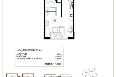Rzut - Mieszkanie na sprzedaż 1 pokój o powierzchni 40,46 m² - numer 1A-2.5 w Gardenia Pogodno