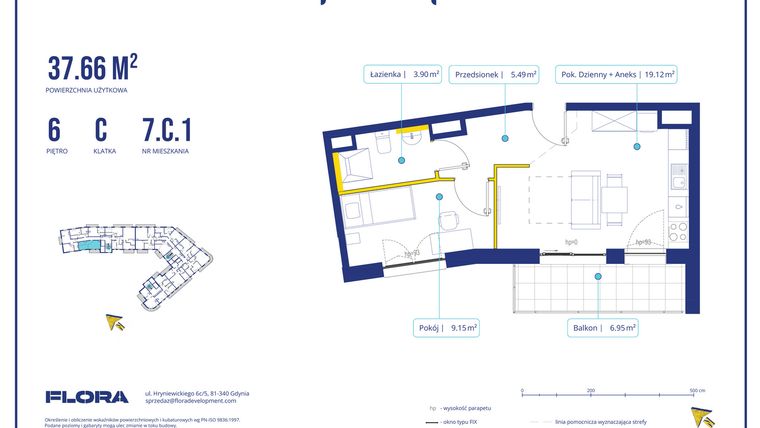 Rzut - Mieszkanie na sprzedaż 2 pokoje o powierzchni 37,66 m² - numer 7.C.1 w Piotra 4