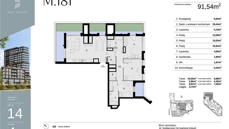 Rzut - Mieszkanie na sprzedaż 4 pokoje o powierzchni 91,54 m² - numer M181 w Sky Trust etap II