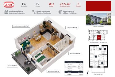 Rzut - Mieszkanie na sprzedaż 2 pokoje o powierzchni 42,24 m² - numer 22 w Tęczowy Zakątek F-14