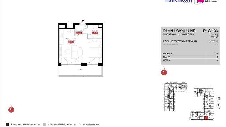 Rzut - Mieszkanie na sprzedaż 1 pokój o powierzchni 37,77 m² - numer D1C 109 w Modern Mokotów etap 4, budynek D1 i D2
