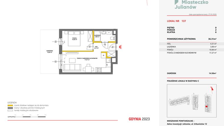 Rzut - Mieszkanie na sprzedaż 2 pokoje o powierzchni 36,22 m² - numer 137 w Miasteczko Julianów