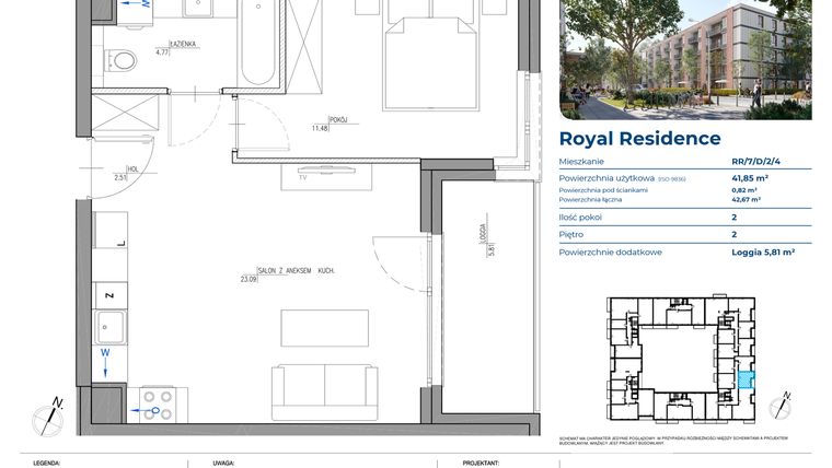 Rzut - Mieszkanie na sprzedaż 2 pokoje o powierzchni 41,85 m² - numer RR/7/D/2/4 w Royal Residence 7