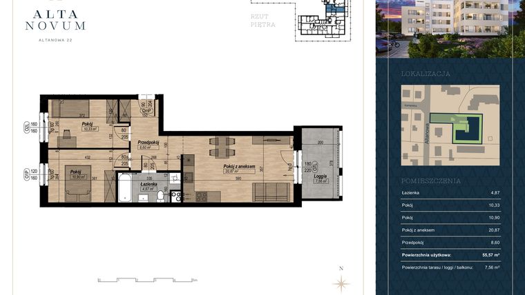Rzut - Mieszkanie na sprzedaż 3 pokoje o powierzchni 55,57 m² - numer 8 w Alta Novum