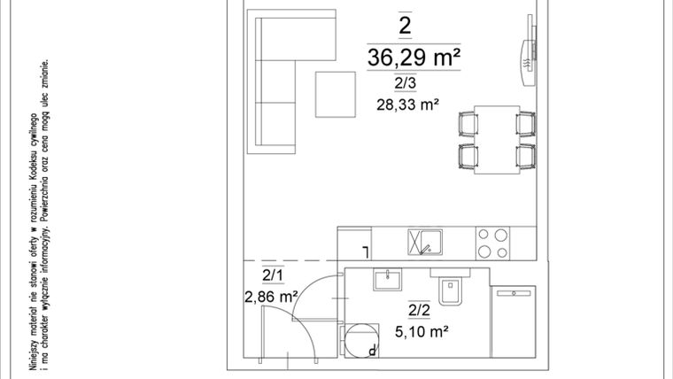 Rzut - Mieszkanie na sprzedaż 1 pokój o powierzchni 36,29 m² - numer 2 w Osiedle Teatralne 19