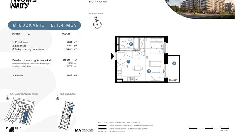 Rzut - Mieszkanie na sprzedaż 1 pokój o powierzchni 32,36 m² - numer B.1.4.M59 w Nowe Promenady etap II