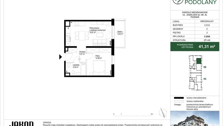 Rzut - Mieszkanie na sprzedaż 2 pokoje o powierzchni 41,31 m² - numer C.B36 w Sielskie Podolany II