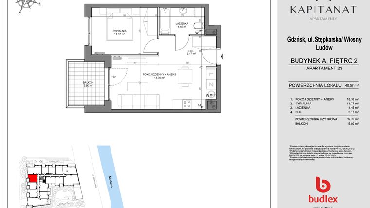 Rzut - Mieszkanie na sprzedaż 2 pokoje o powierzchni 39,75 m² - numer A23 w Kapitanat A