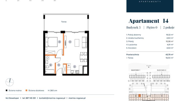 Rzut - Mieszkanie na sprzedaż 2 pokoje o powierzchni 43,79 m² - numer 14 w Apartamenty Marina Rogowo