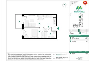 Rzut - Mieszkanie na sprzedaż 2 pokoje o powierzchni 38,51 m² - numer 9 w Osiedle Międzyleska - etap III