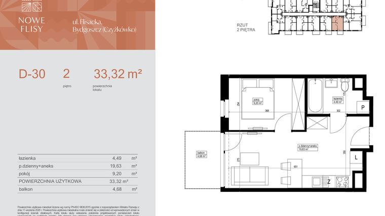 Rzut - Mieszkanie na sprzedaż 2 pokoje o powierzchni 33,32 m² - numer M30_NF.d w Nowe Flisy II