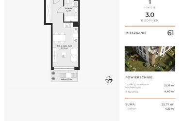 Rzut - Mieszkanie na sprzedaż 1 pokój o powierzchni 25,71 m² - numer 61 w Bytkowska 3.0