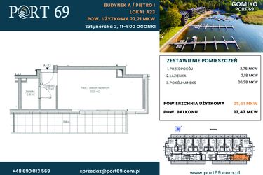 Rzut - Mieszkanie na sprzedaż 1 pokój o powierzchni 27,21 m² - numer A-23 w Port 69