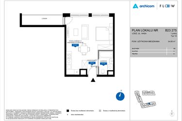 Rzut - Mieszkanie na sprzedaż 1 pokój o powierzchni 34,68 m² - numer B23 275 w Flow - bud. B2 A i bud. B2 B
