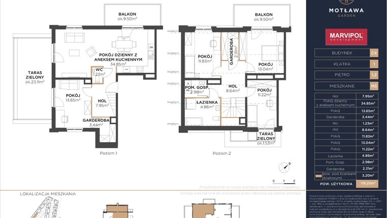 Rzut - Mieszkanie na sprzedaż 5 pokoi o powierzchni 119,37 m² - numer C4.M3 w Motława Garden