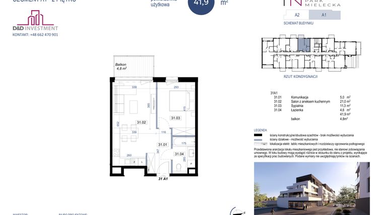 Rzut - Mieszkanie na sprzedaż 2 pokoje o powierzchni 41,9 m² - numer A1-31 w Park Mielecka